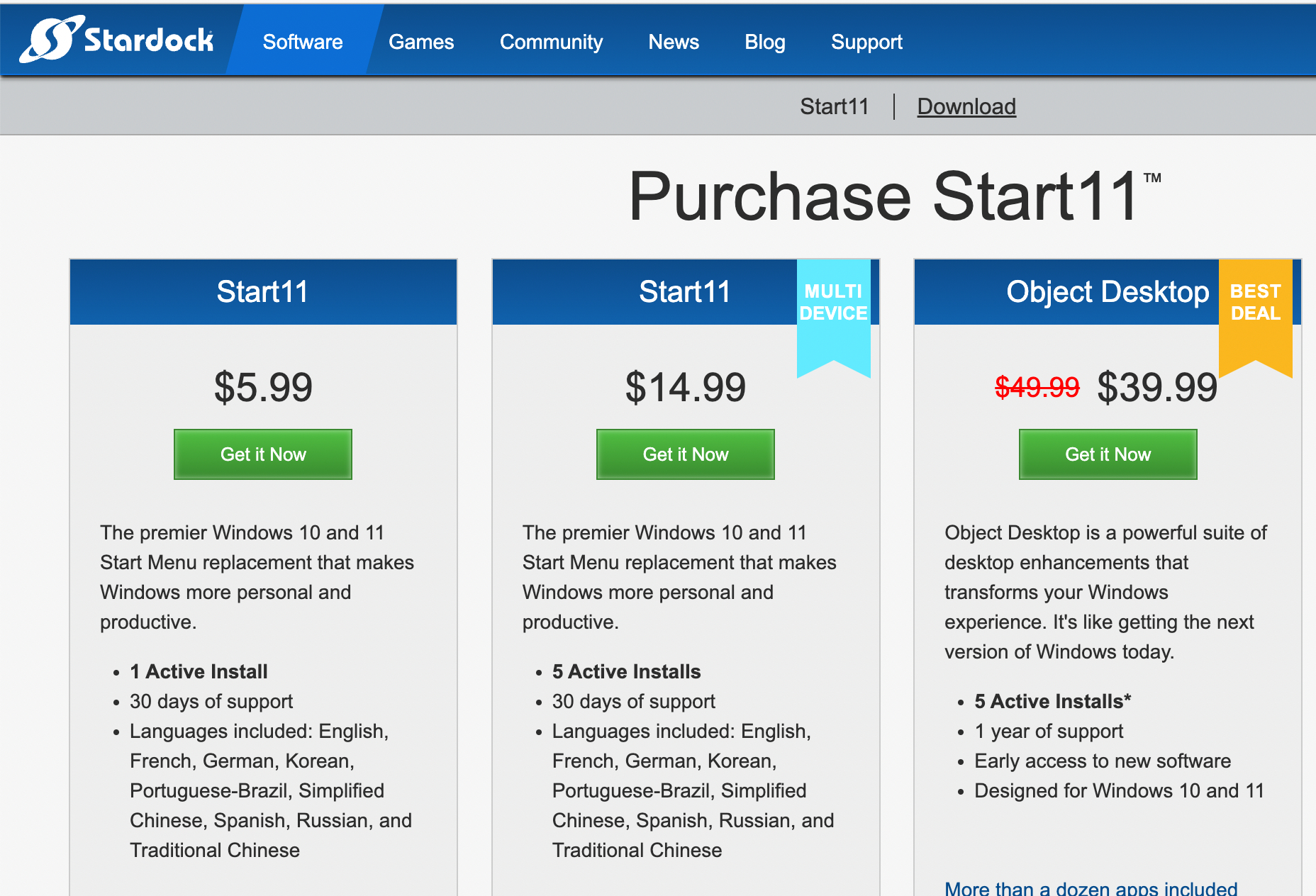 A webpage featuring the Start11 purchase options.