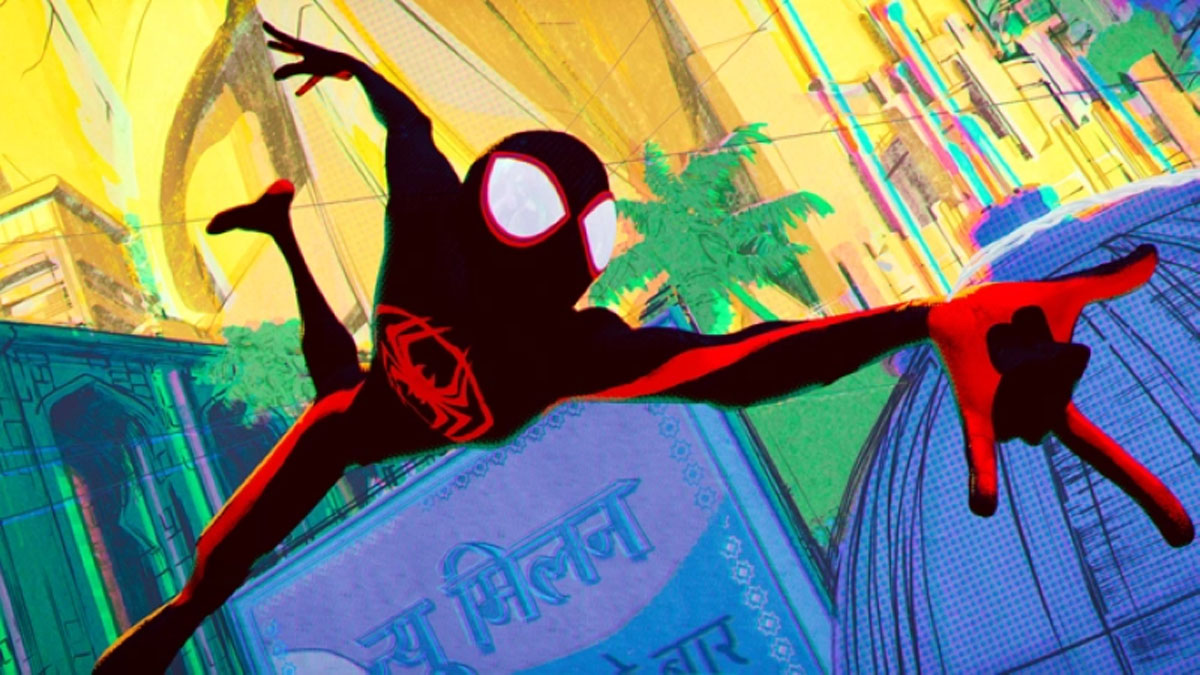 Miles Morales em Homem-Aranha: Através do Aranhaverso.