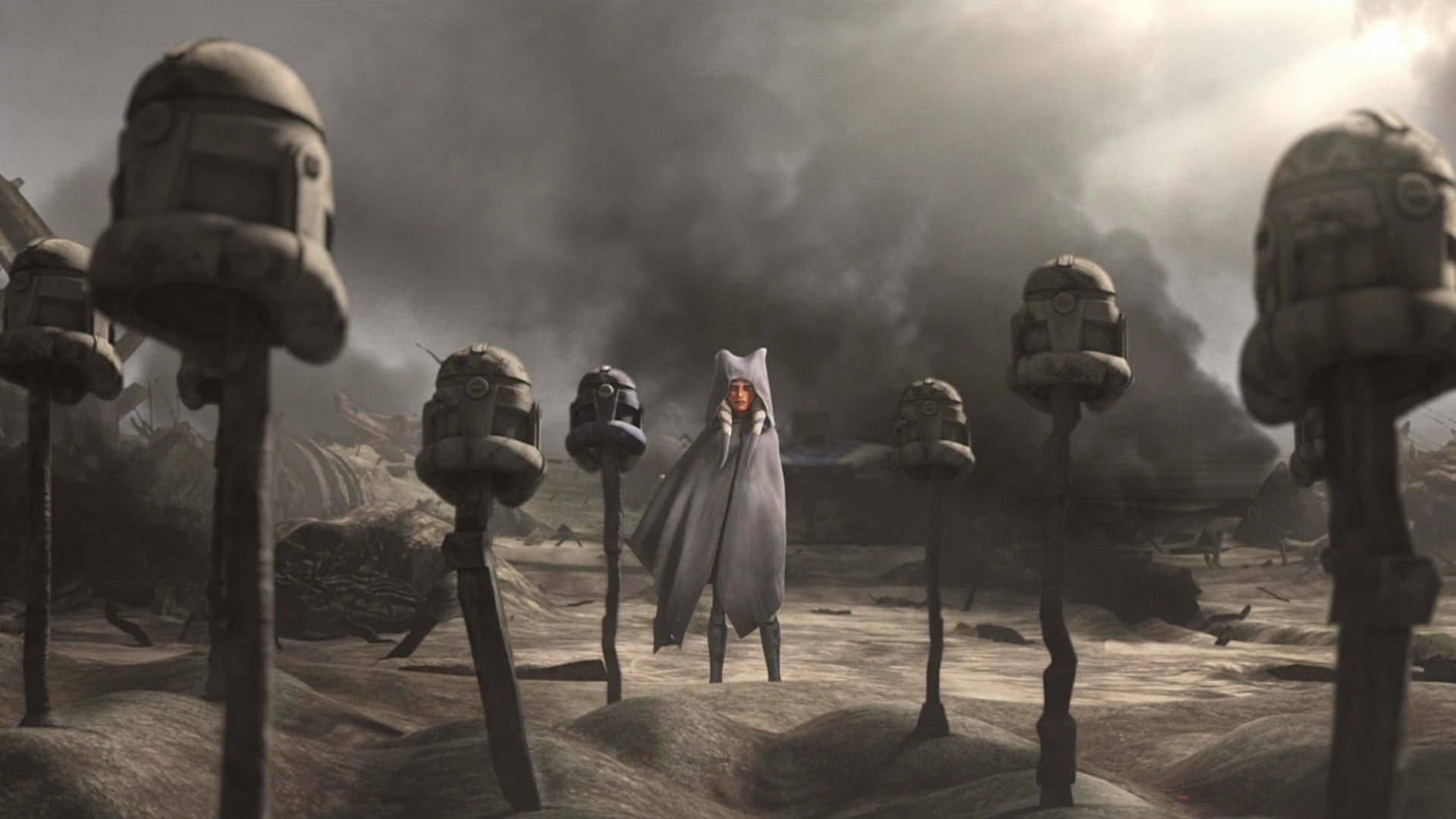 Ahsoka parada frente a las tumbas de sus amigos y camaradas caídos en el final de la serie The Clone Wars.
