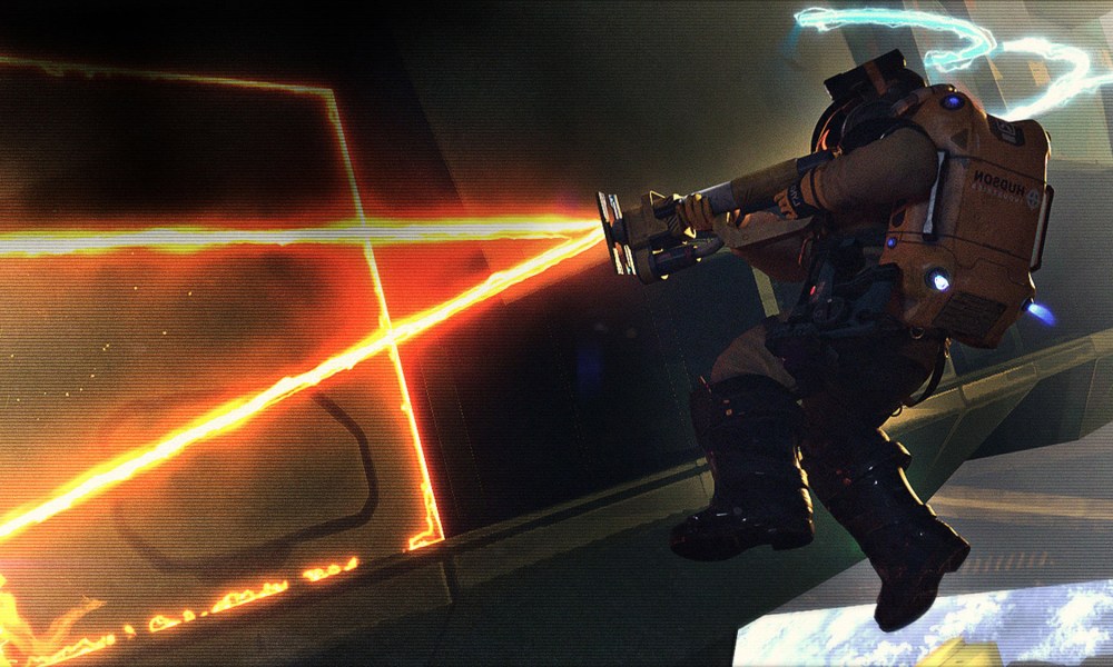 An astronaut shooting a laser in Hardspace: Shipbreaker.