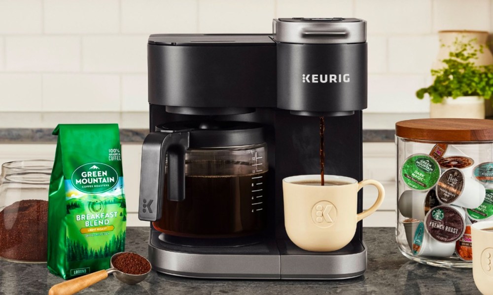 The Keurig K-Duo coffee maker sets on a kitchen counter.