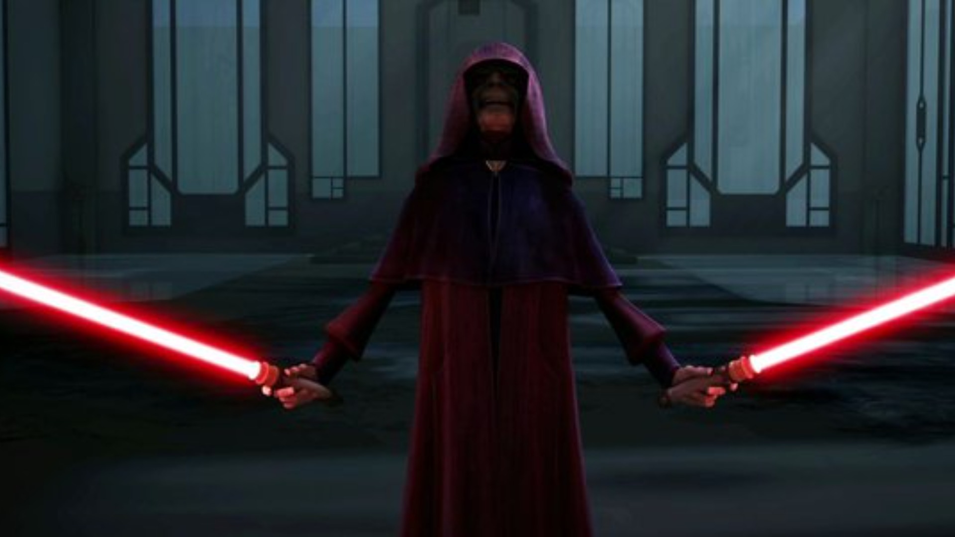 Palpatine encendiendo sus dos sables de luz en un duelo contra Maul y Savage Opress.