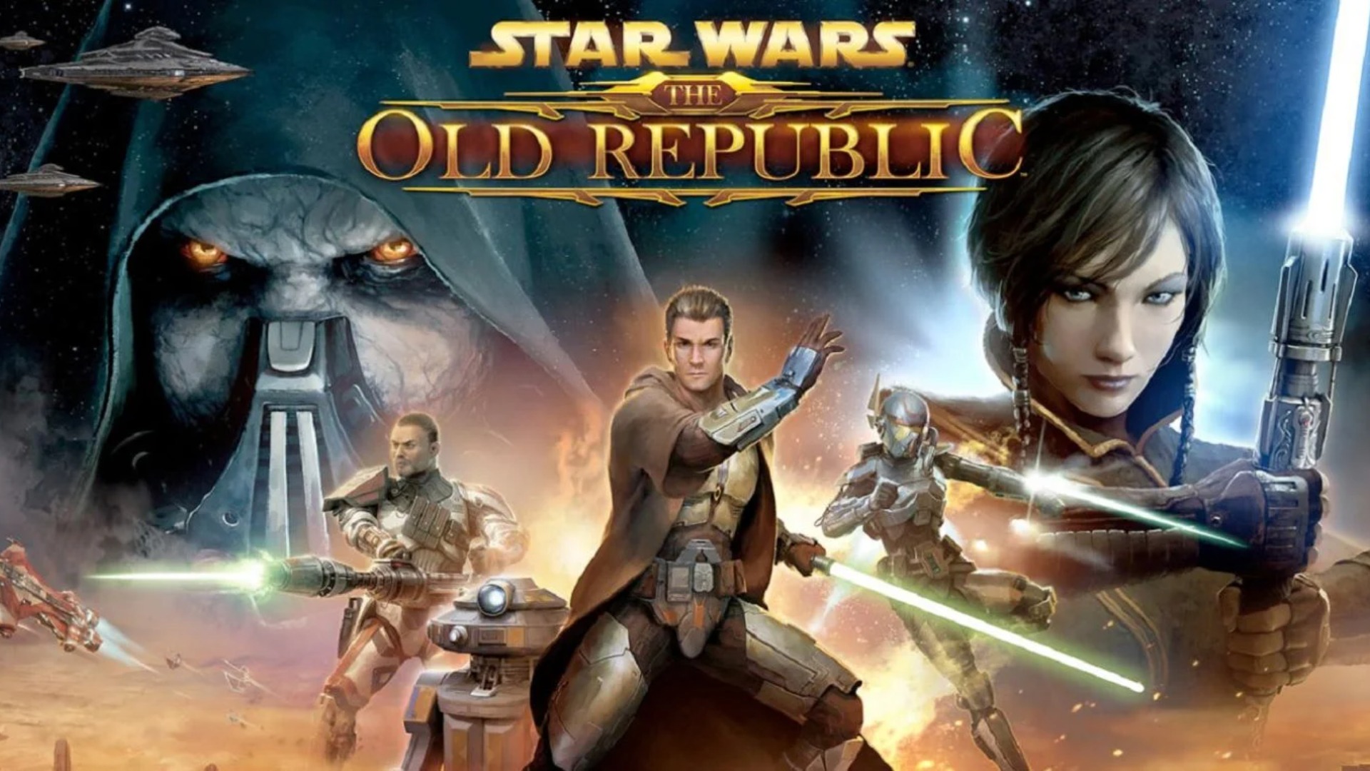 Arte promocional do MMORPG de Star Wars: The Old Republic com uma colagem de personagens.