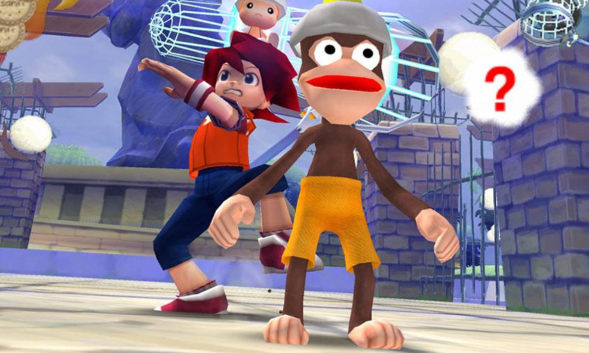 Spike sneak attacking an ape in Ape Escape 2.