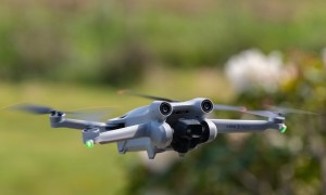 The DJI Mini 3 Pro in flight with spring flowers in the background.