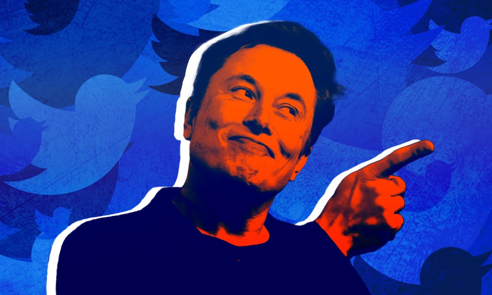 A digital image of Elon Musk in front of a stylized background with the Twitter logo repeating.