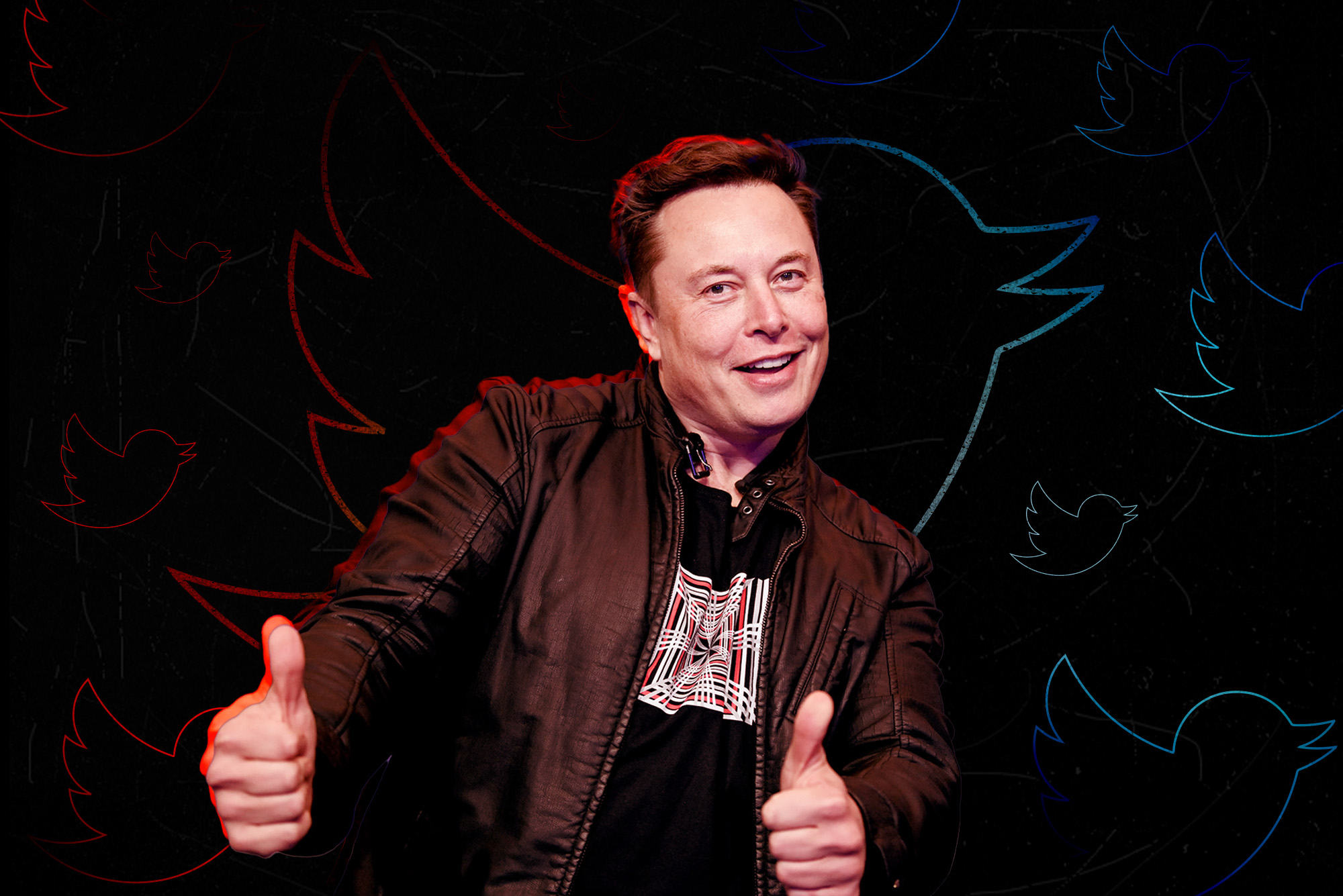 Uma imagem digital de Elon Musk na frente de um fundo estilizado com o logotipo do Twitter repetindo.