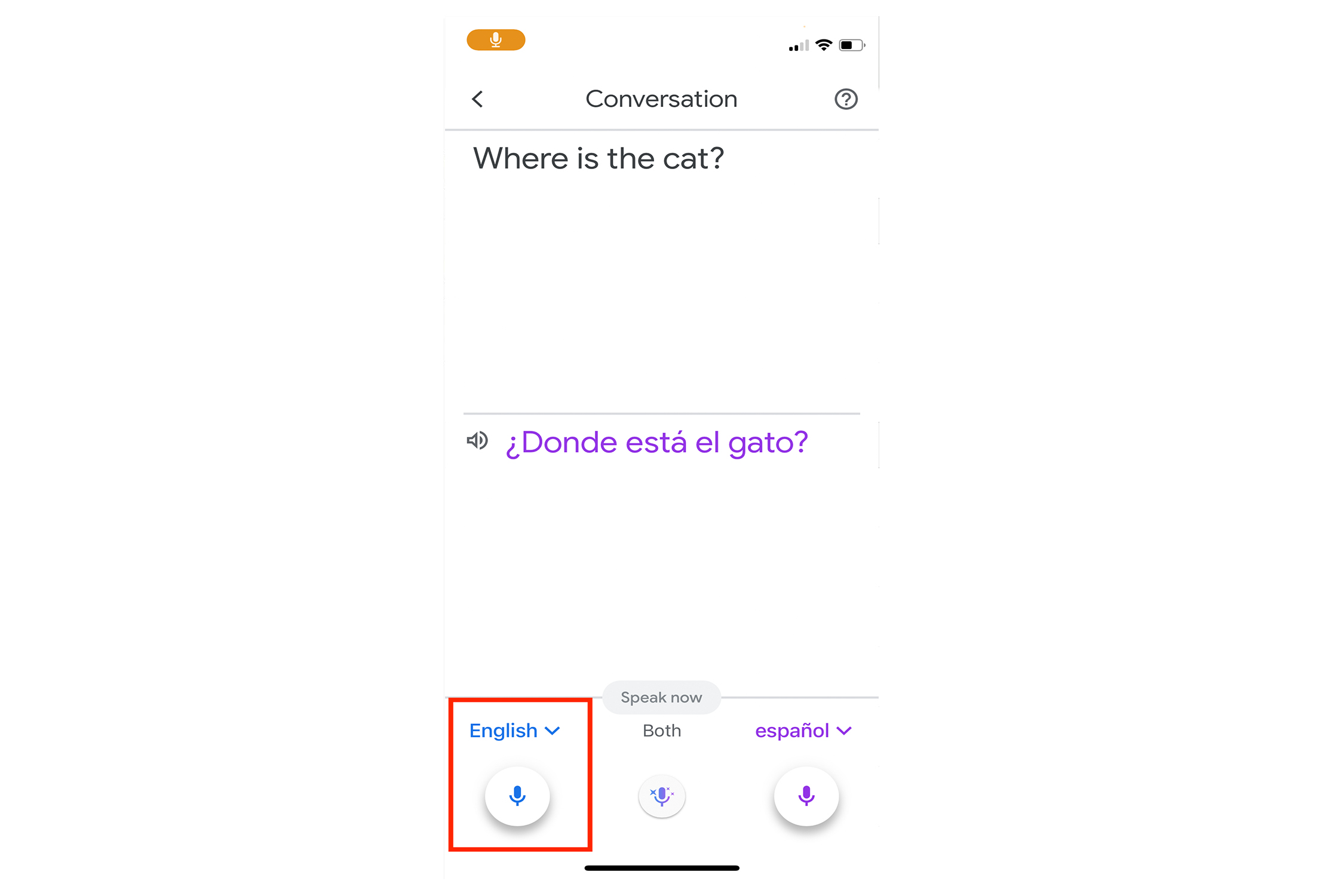 Speak into the mic to converse in Google Translate.