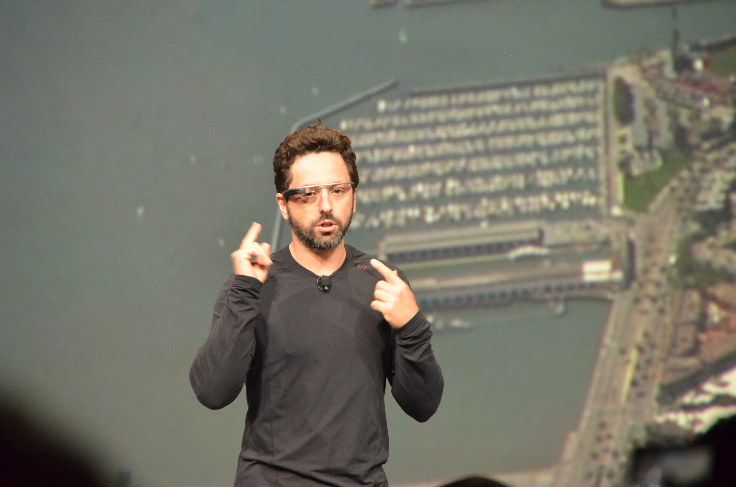 Sergey Brin demonstrating Google Glass on stage at Google I/O 2012.