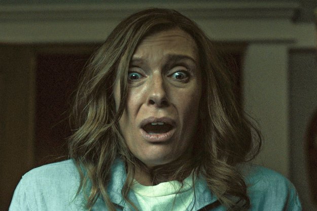 Toni Collette with a shocked and fearful expression in Hereditary from A24.