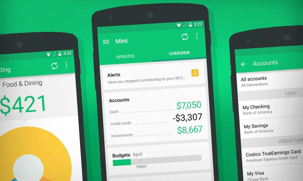 Intuit Mint budgeting software running on various mobile devices.