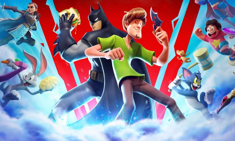 Batman and Shaggy stand back-to-back as other characters fight in MultiVersus key art.