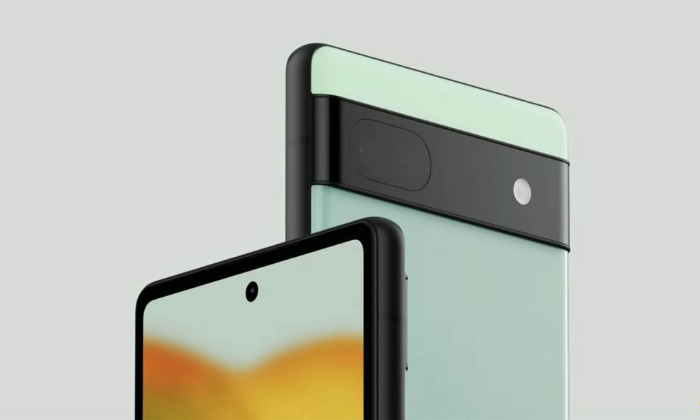 Two green Pixel 6A's, one showing off its rear cameras and the other showing off its display.