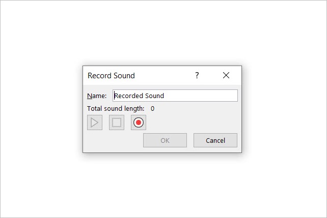 Audio recording dialog box in PowerPoint.