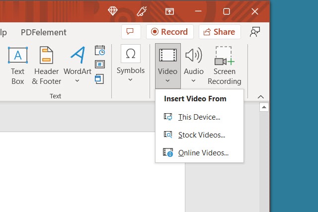 Options in the Video drop-down box in PowerPoint.