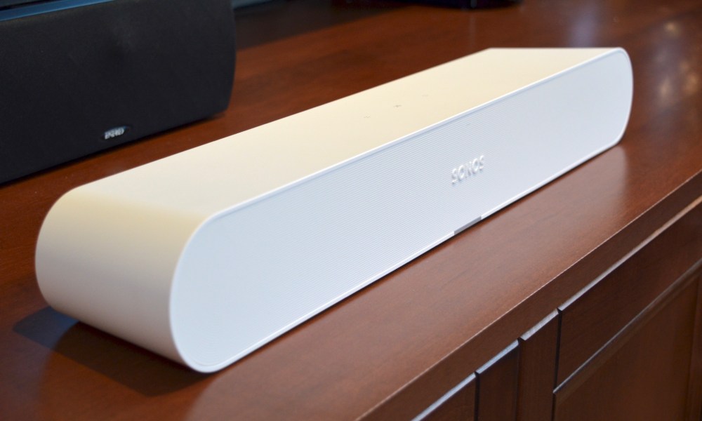 Angled view of The Sonos Ray soundbar in white.