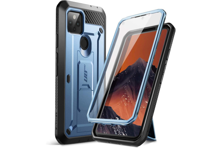 Supcase Unicorn Beetle Pro Series Case for the Pixel 5a in "Tilt", a metallic blue, showing the front and back of the case including the screen protector.