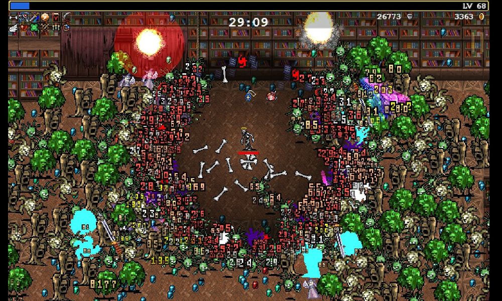 Screenshot of a horde of monsters attacking in Vampire Survivors.