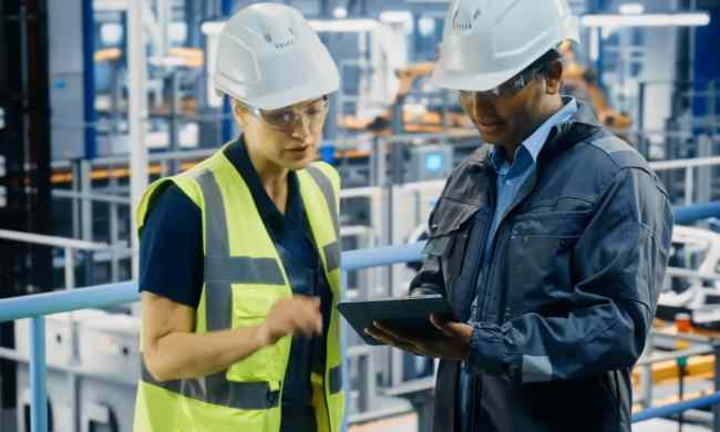 Man and woman wearing hardhats in a factory looking at a tablet.