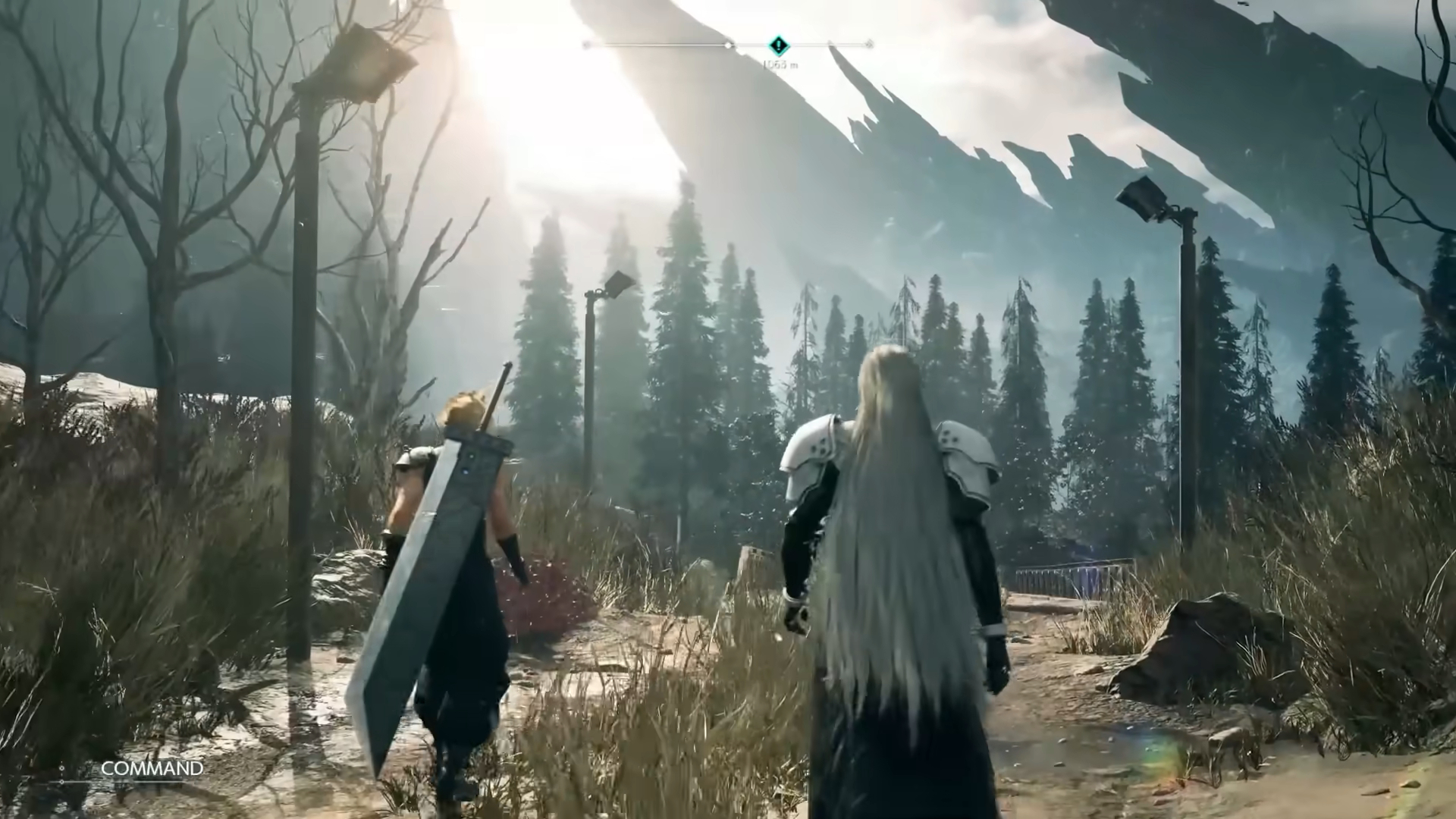 Cloud et Sephiroth marchant vers un pont.