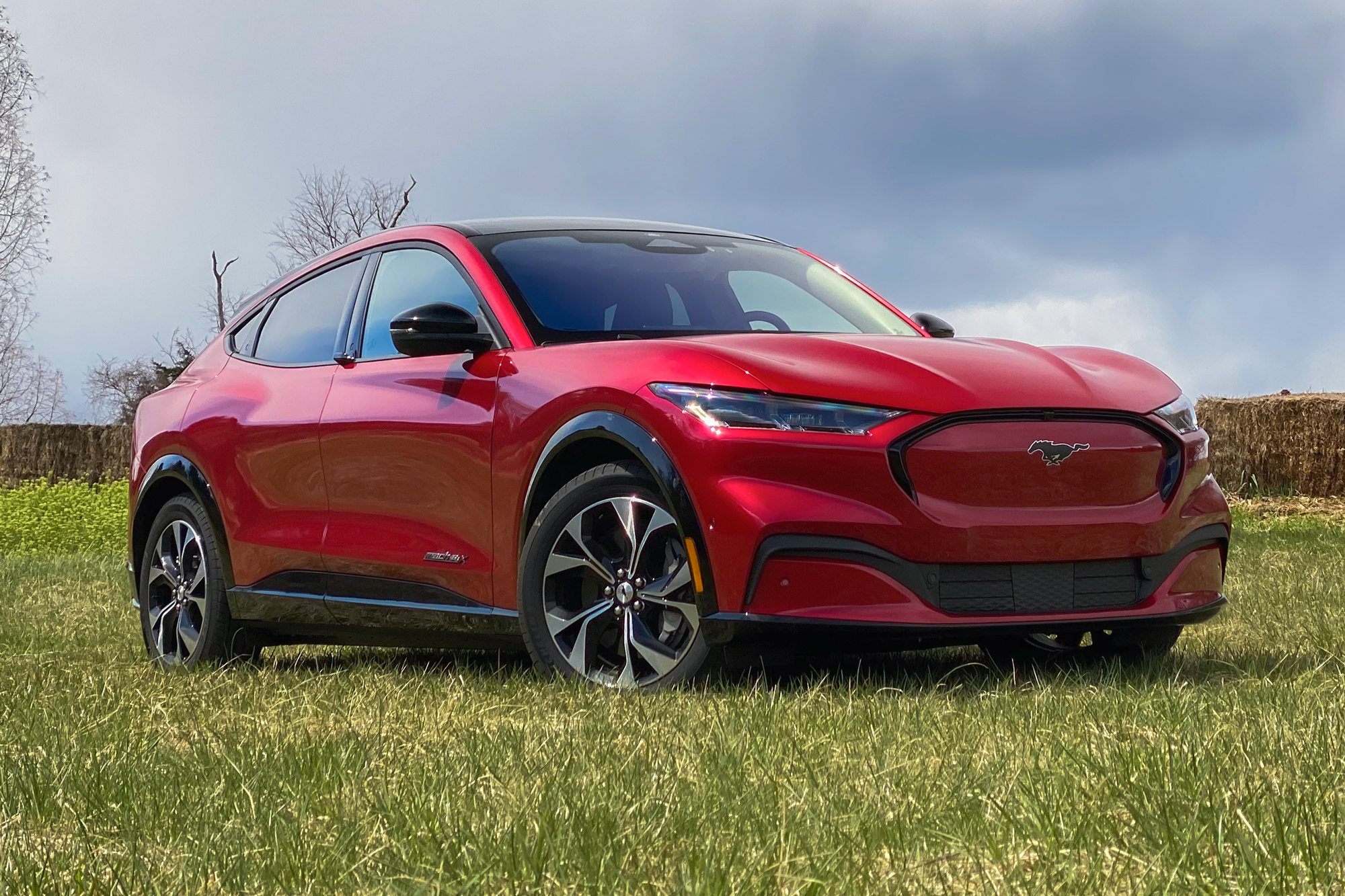 A red 2021 Ford Mustang Mach-E in a field.