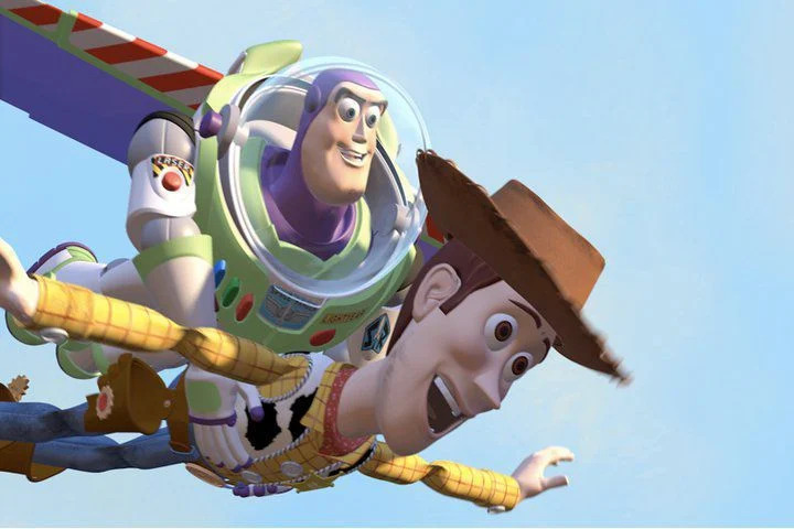 Buzz et Woody volent dans une scène du film Pixar Toy Story