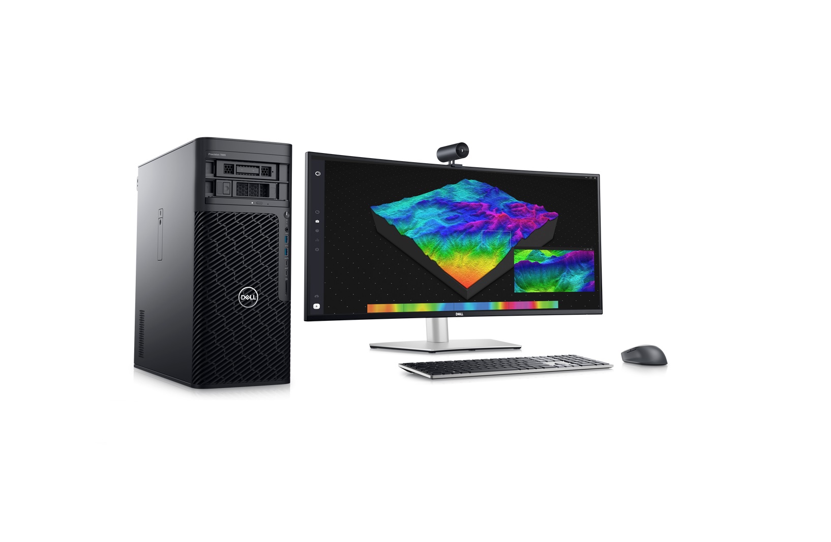 Dell Precision 7865 Tower Workstation neben einem Monitor, einer Tastatur und einer Maus.