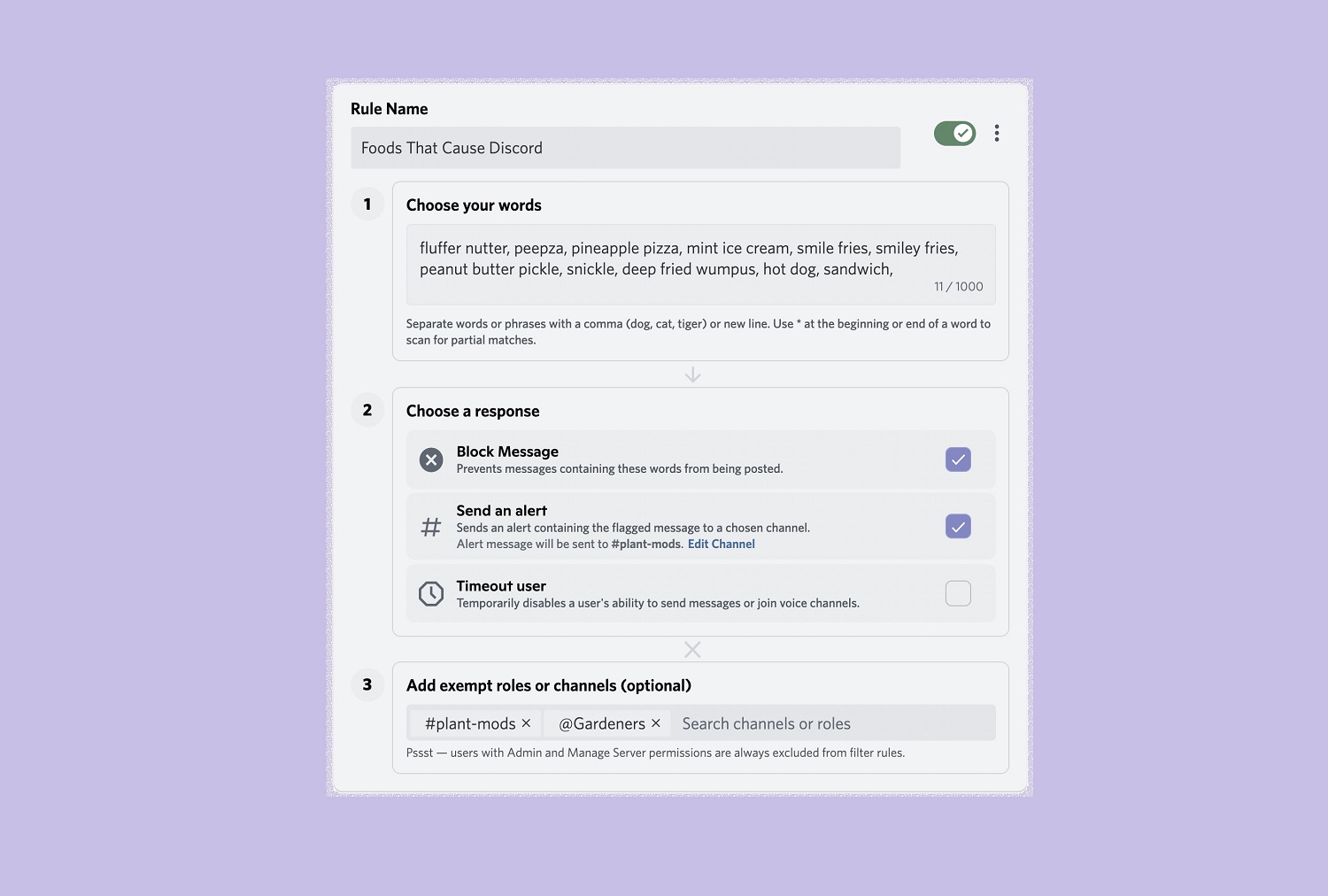 Discord AutoMod product screenshot showing how to create a rule for unwanted words. Screenshot is on a lavender background.