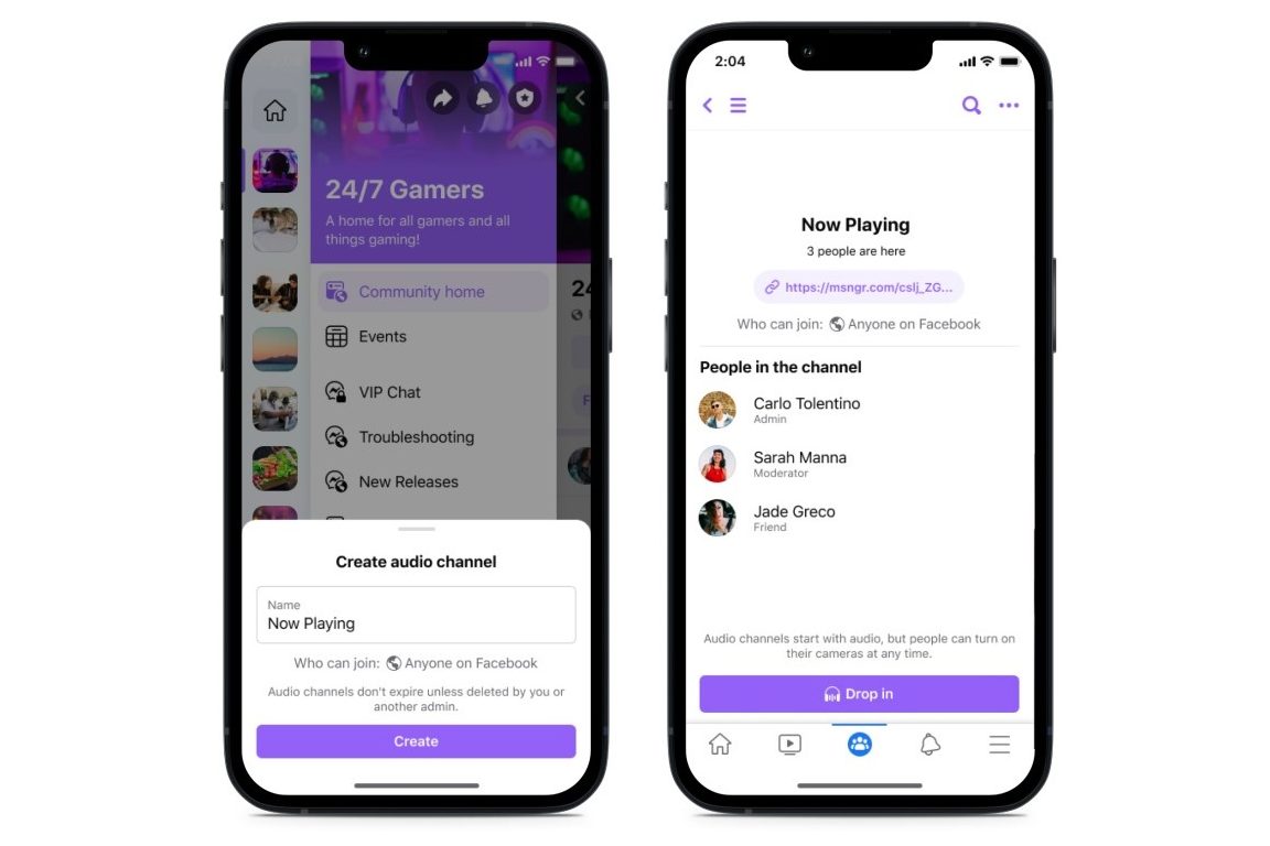 Dos capturas de pantalla móviles que muestran la nueva función de canales de audio de grupos de Facebook.