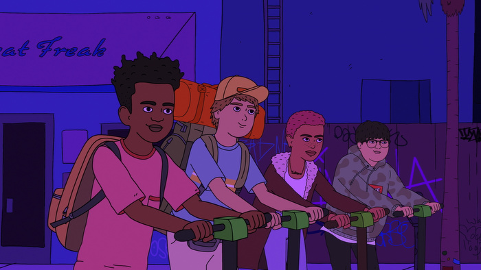 Dale, Derica, Benny e Truman andando de patinete em uma cena de Fairfax.