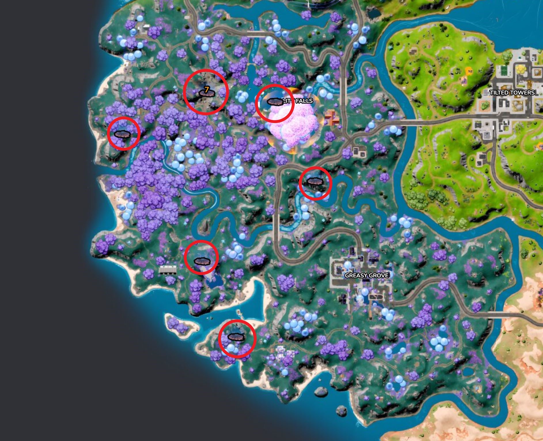 Map of Geysers in Fortnite.