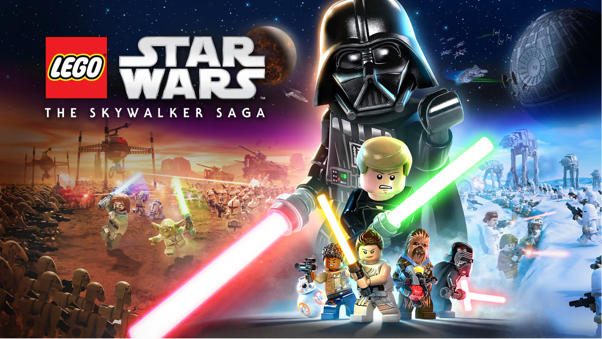 Promo art featuring Darth Vader, Luke Skywalker, and more in Lego Star Wars: The Skywalker Saga.