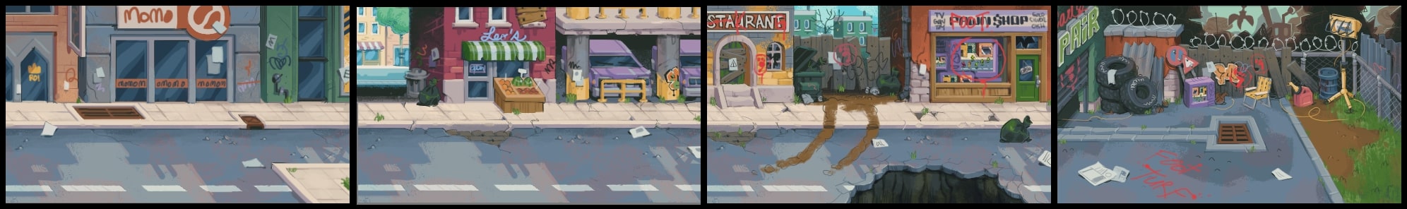 A color study of a street in Teenage Mutant Ninja Turtles: Shredder's Revenge.