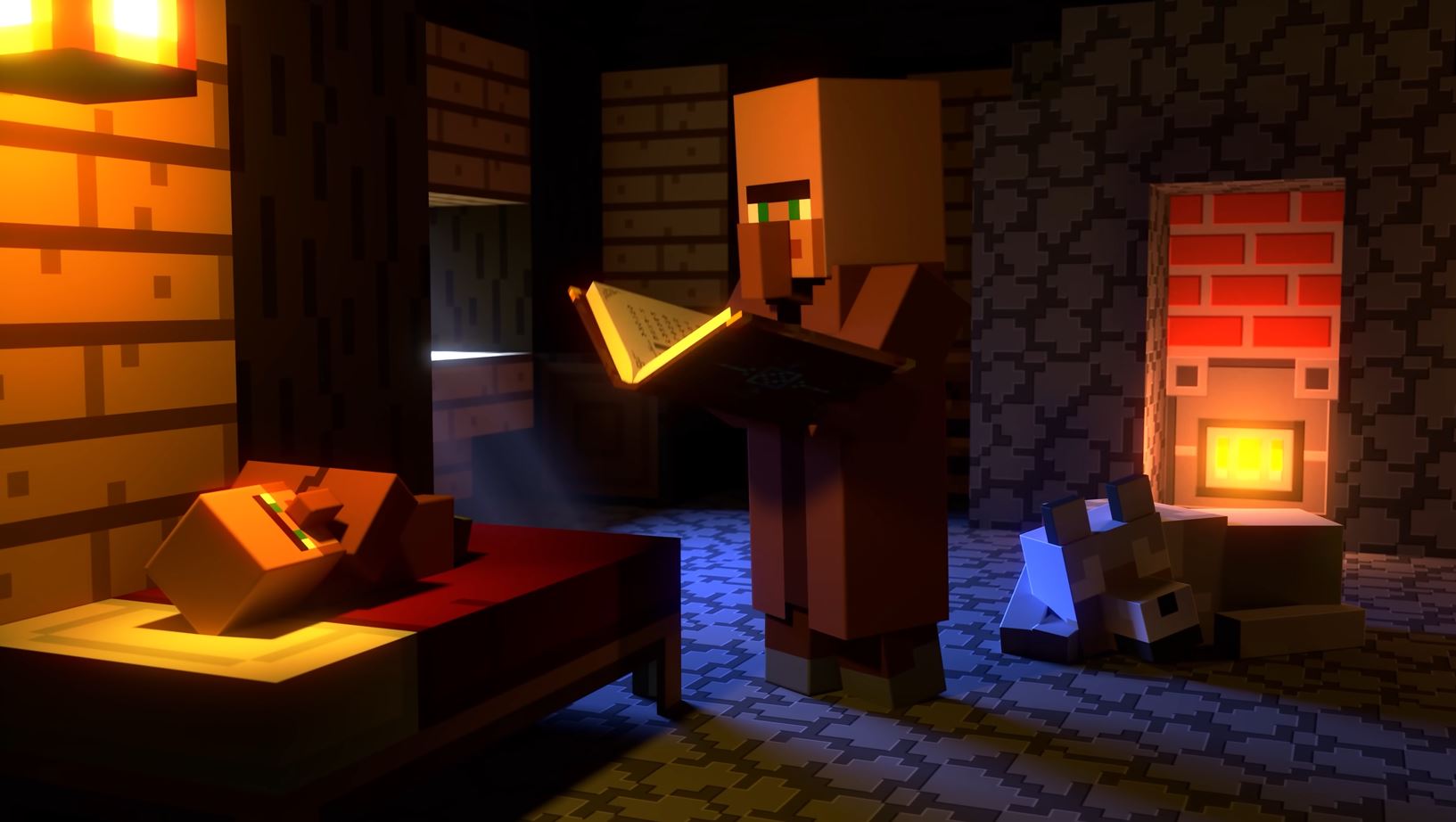 A villager reads their child a book in the trailer for Minecraft Legends.