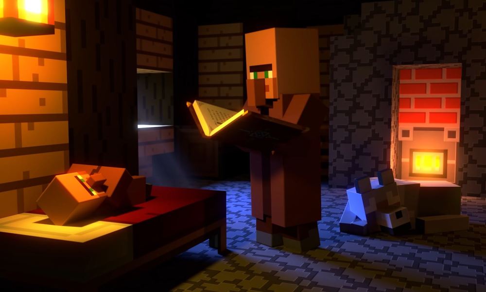 A villager reads their child a book in the trailer for Minecraft Legends.