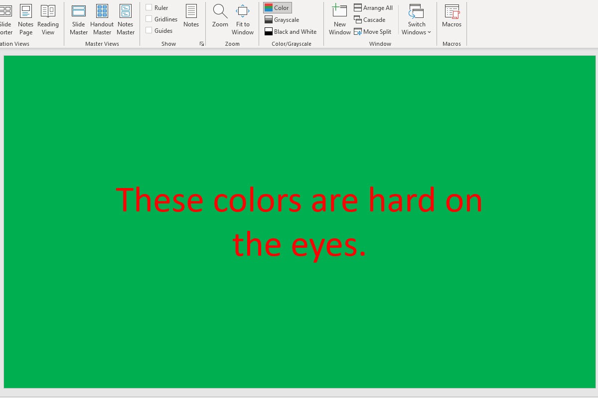 Red text on green slide in PowerPoint.