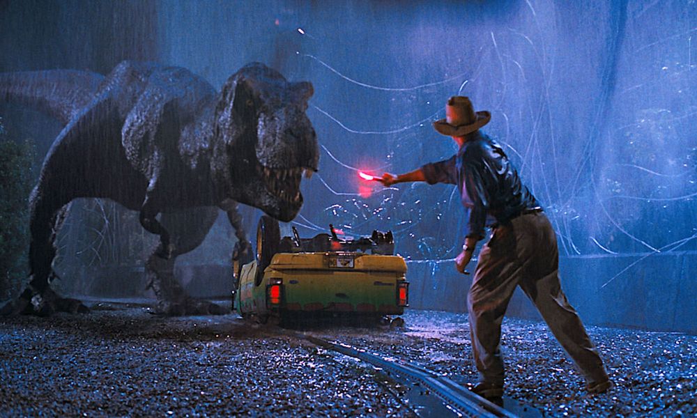 Dr. Grant tries to lure the T-Rex away in Jurassic Park.