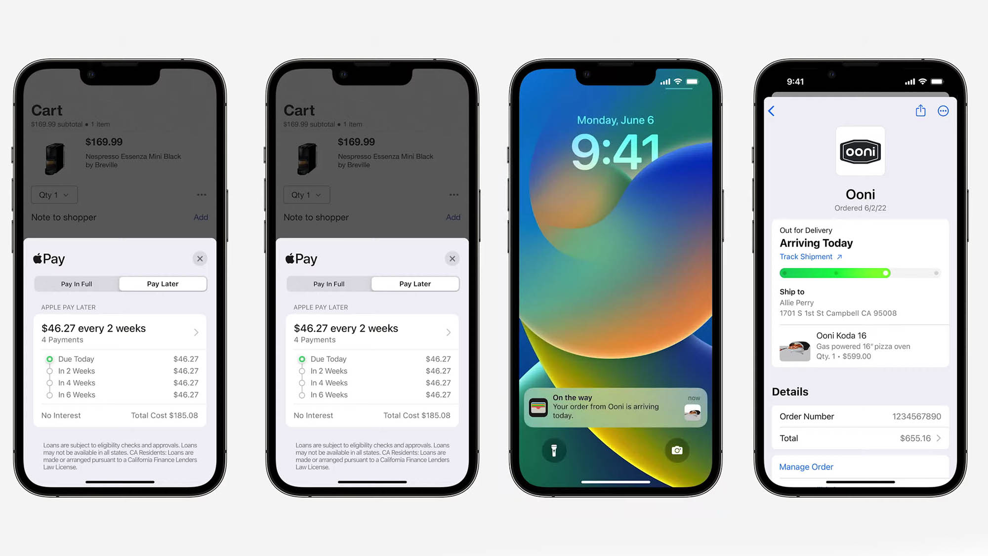 Die Apple Pay Later-Funktion wird auf vier hintereinander aufgereihten iPhones angezeigt. Die Displays der Telefone zeigen die verschiedenen Zahlungsdaten und Sperrbildschirmbenachrichtigungen, die mit der Funktion geliefert werden.