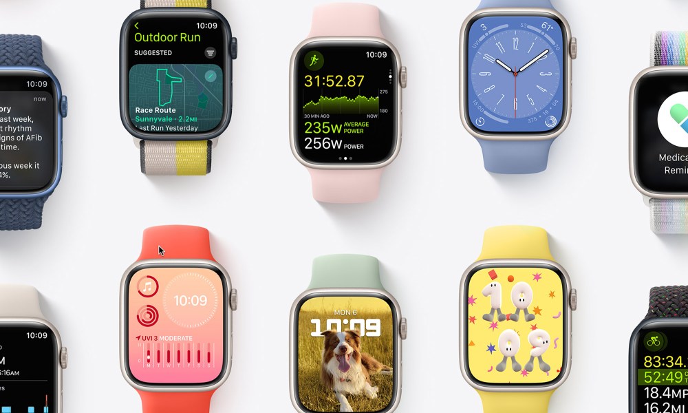 A variety of Apple Watches showing new Watch OS 9 features and screens.