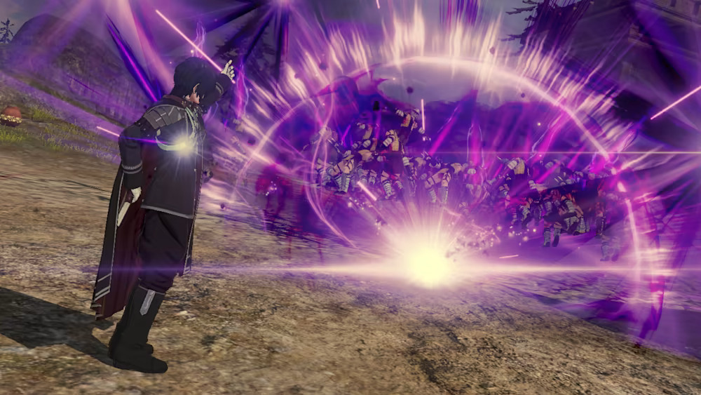 Shez verursacht eine violette Explosion in Fire Emblem Warriors: Three Hopes.
