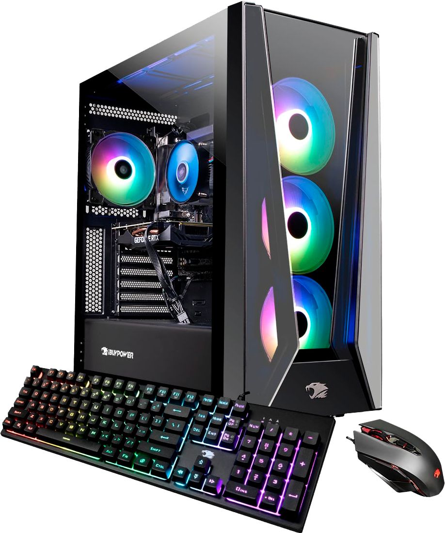 iBUYPOWER Trace MR gaming Desktop next to keyboard and mouse side-on view
