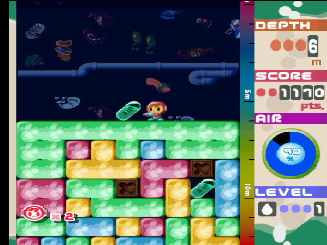 Mr. Driller stands next to an air capsule in Mr. Driller.