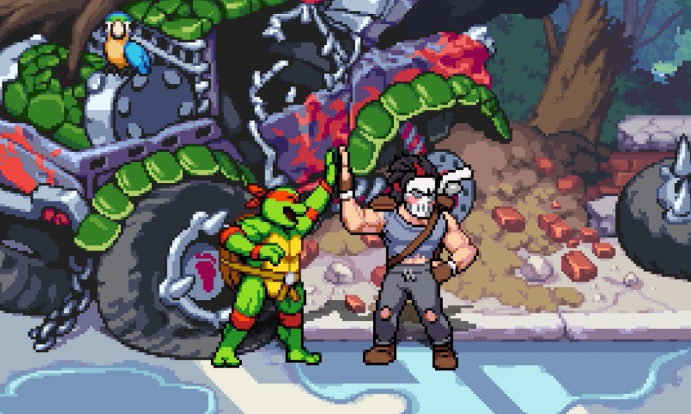 rapheal and casey jones high five tmnt shredder's revenge.