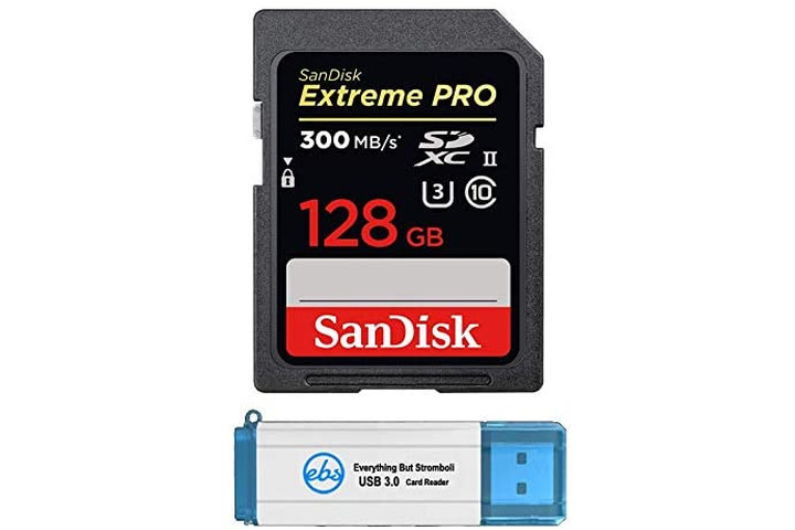 SanDisk Extreme Pro 128GB microSD card with a USB 3.0 card reader.