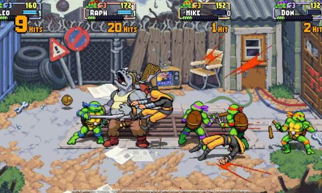 Screenshot from tmnt shredder's revenge of the four turtles fighting the mutant rhino, Rocksteady.