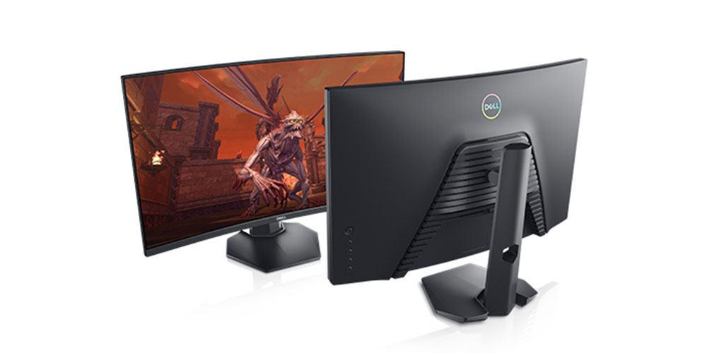 Two Dell 27 Curved Gaming Monitors facing each other displaying a game.