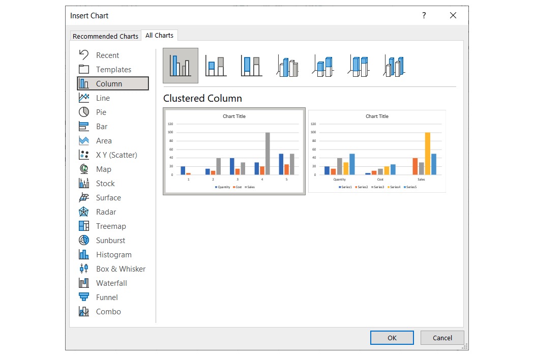 In Excel verfügbare Diagrammtypen.