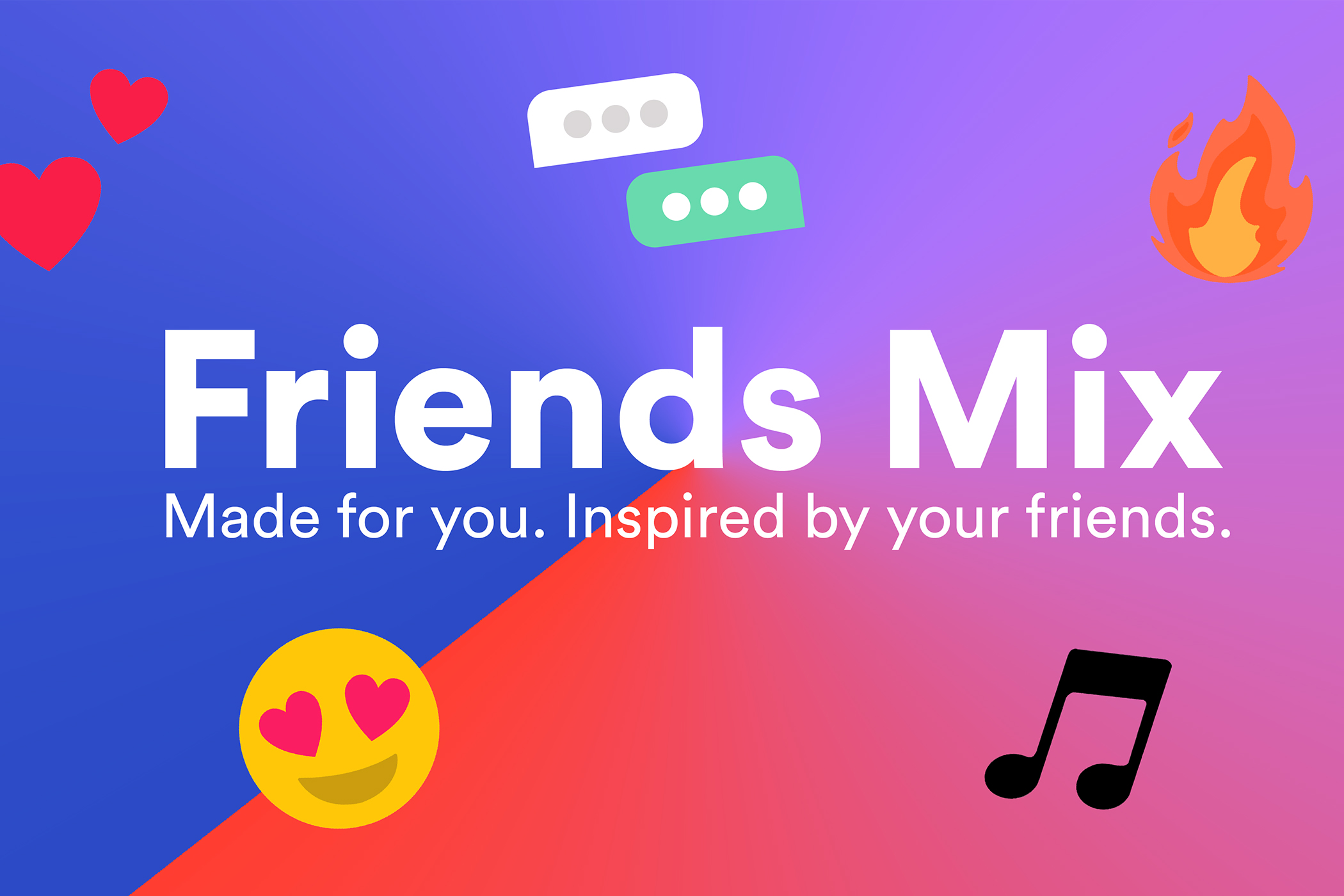 Uma imagem de marketing exibe uma arte da playlist do Spotify Friends Mix com um emoji de olhos de coração, notas musicais e muito mais em um fundo colorido.