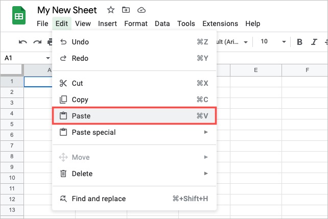 Paste in the Edit menu in Google Sheets.