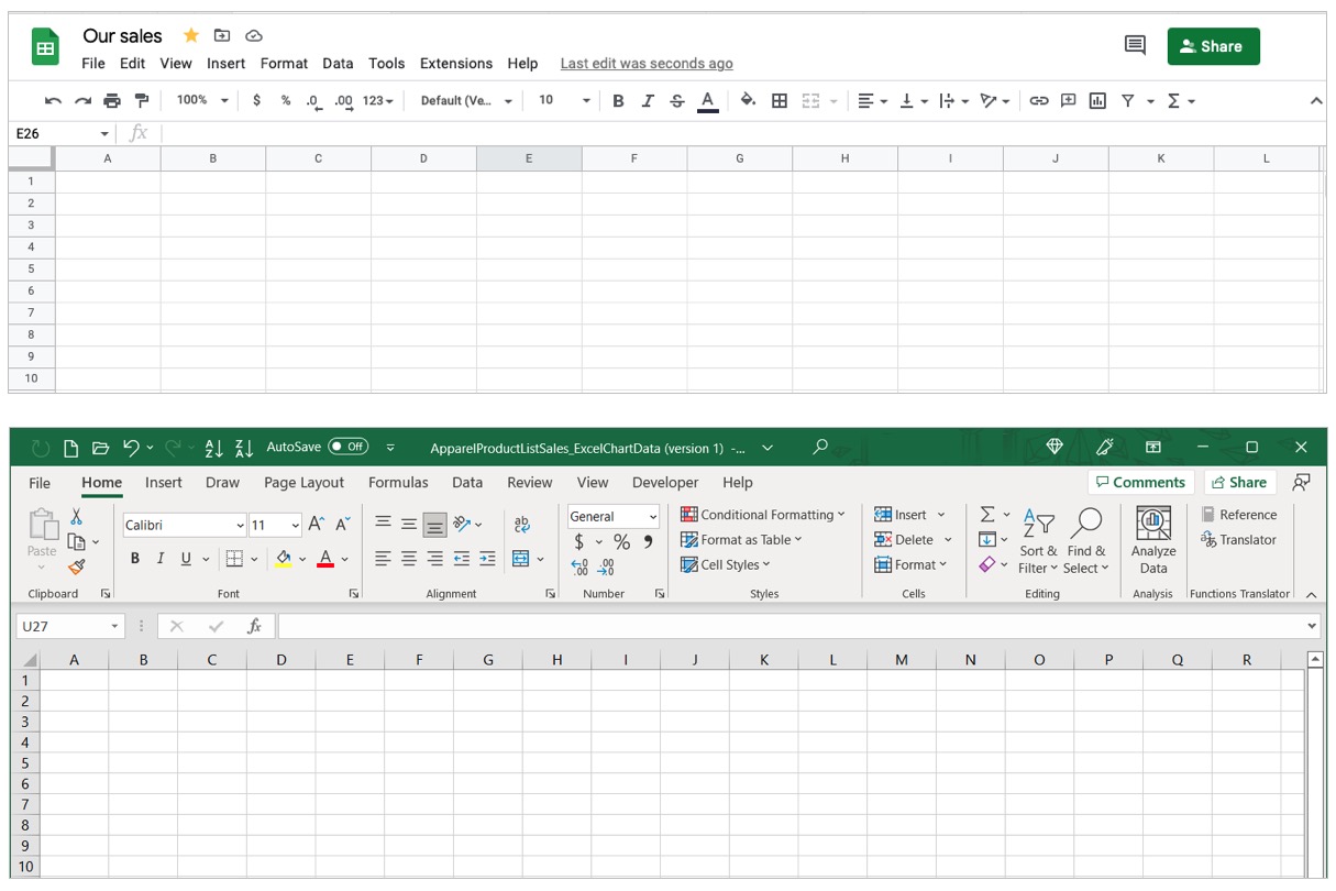 Интерфейсы Google Таблиц и Excel.